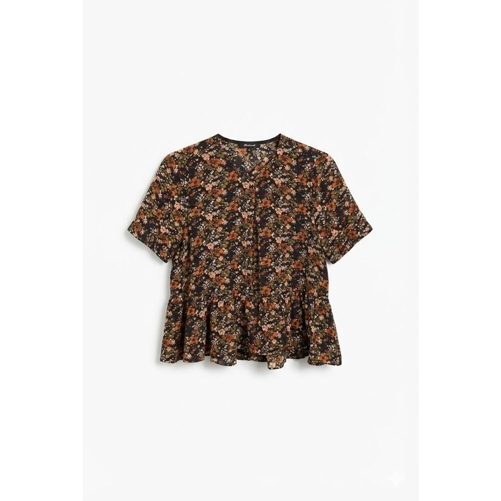 Madewell 100% Silk Floral Peplum Blouse Button Front Short Sleeve Brown S